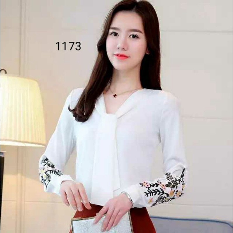 COD 1173 BLUS BORDIR BUNGA LENGAN PANJANG CANTIK FASHION WANITA GAYA KOREA