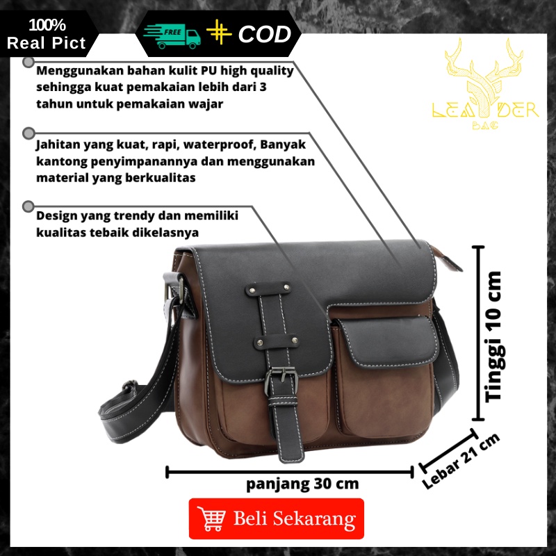 Tas Selempang Pria Kulit Tas Kerja Pria Terbaru Tas Slingbag Kulit Cowok Import Premium Tas Pria Kulit Original Distro Warna Coklat Dan Abu-abu Waterproof B72 GIDEON