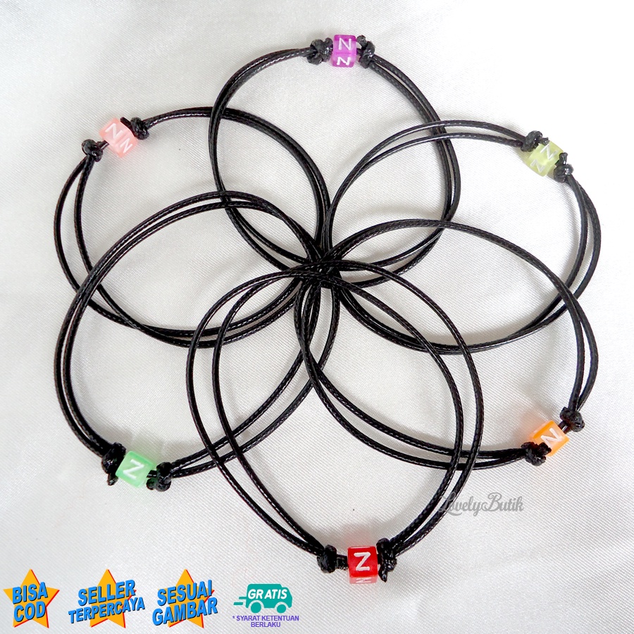 Lovelybutik Gelang Inisial Huruf Alfabet Tali Hitam A-M Gelang Persahabatan Couple Aesthetic Pacar