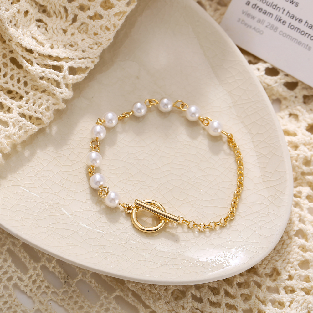 IFYOU Fashion Retro Lock Pendant Pearl Bracelet Korean Round Bead Chain Gold Bracelets Jewelry Accessories