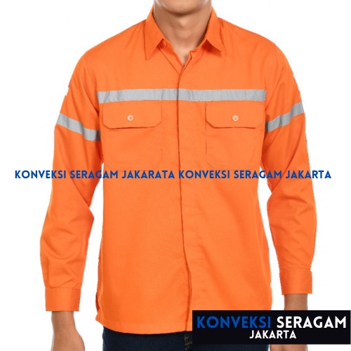 Baju Kemeja Safety K3 Lengan Panjang - Seragam Kerja Atasan Wearpack Werpack Werpak Proyek Tambang Warna Orange Oren Pria Wanita - Konveksi Seragam Jakarta