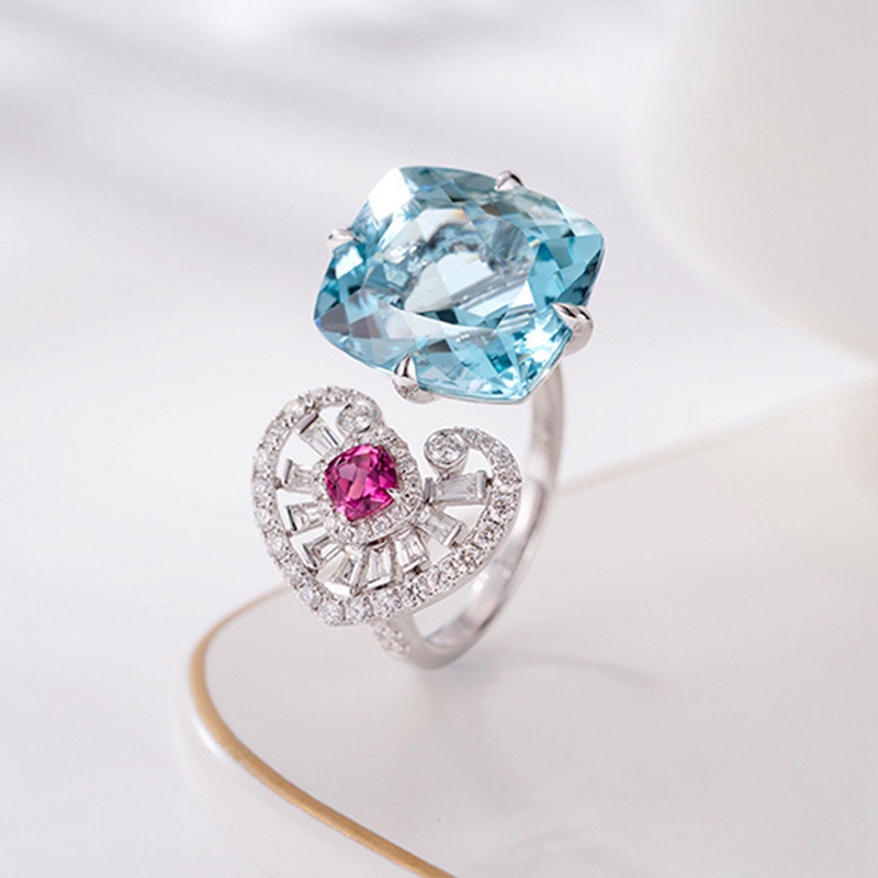 Cincin Bentuk Kotak Warna Biru Langit Bahan Cubic Zirconia Untuk Wanita