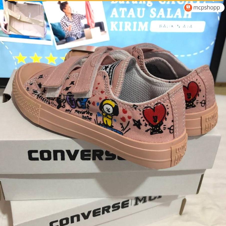 SEPATU ANAK PEREMPUAN SNEAKER CEWEK BT21 BTS PINK _ FULL PEACH VELCRO CANVAS  _KADO ULANG TAHUN ,.