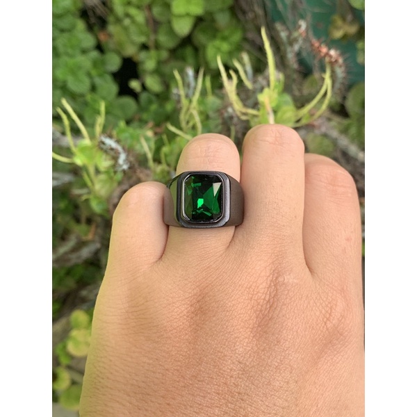 Cincin Pria Octagon Batu Emerald Green Cutting Akik Zamrud Hijau Ring Black Gun Platted Titanium Stainless Steel Tahan Luntur dan Karat