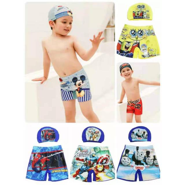 Celana Renang + Topi Set Anak Laki-laki Motif SML XL