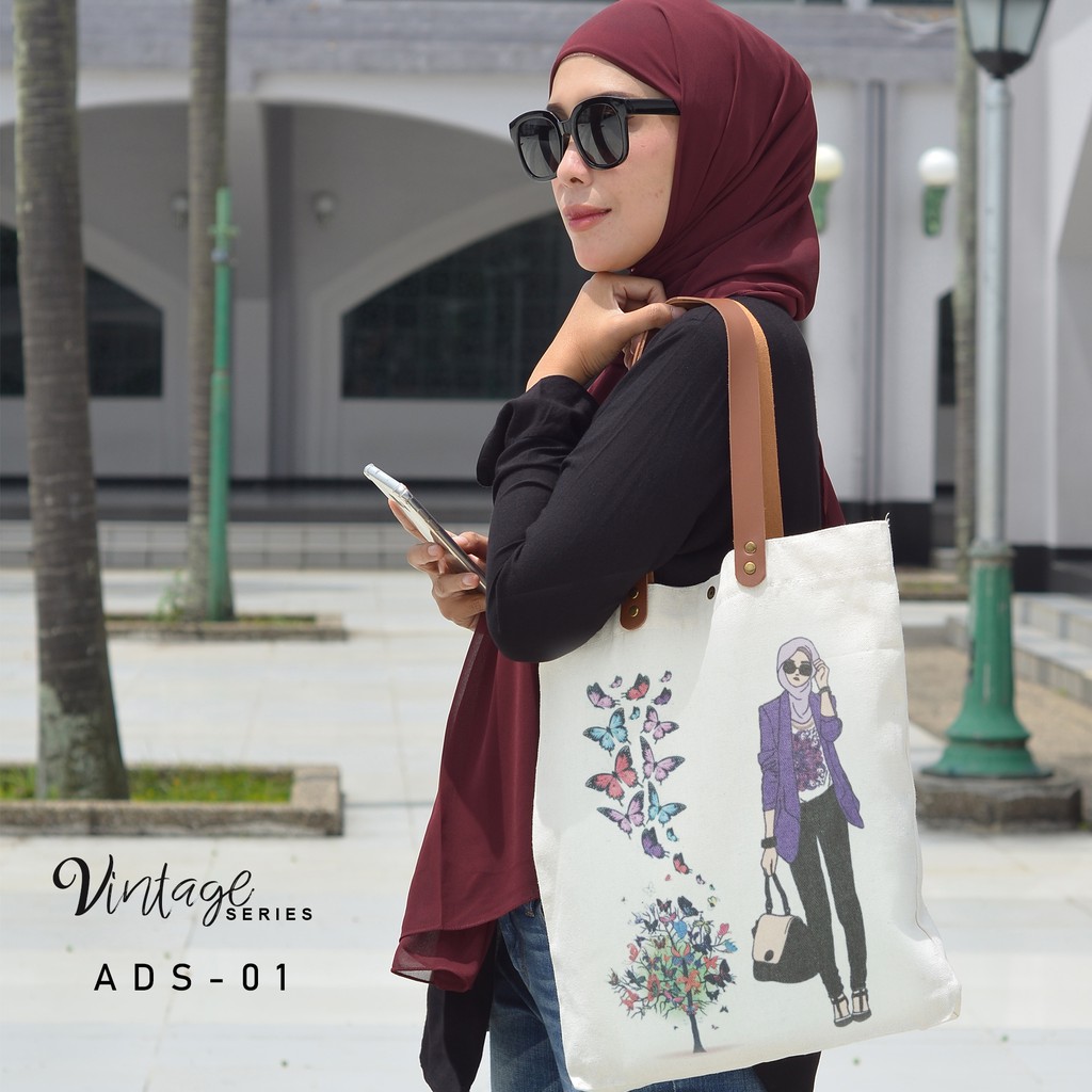 Dewani - Tote Bag Canvas ADS-01 Tas Kanvas Natural Vintage Seri Kupu Hijab