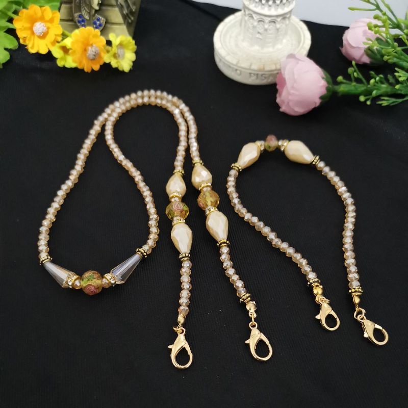 Strap Masker/ Konektor Hijab Masker Kristal Swarovski Zirconia Gold sand Kristal Nude