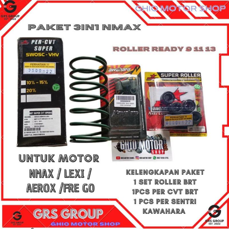 PROMO PAKET CVT 3IN1 NMAX LEXI AEROX FRE GO UP GRADE CVT NMAX PER CVT ROLLER BRT PER KAMPAS GANDA KAWAHARA ROLLER BRT NMAX 9 11 13 GRAM PER CVT SPRING PER CVT BRT NMAX 1000/1500/2000 RPM 10-15% 20% PER SENTRI 1500 RPM Ghio motor shop grs grup