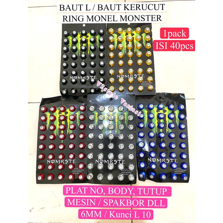 BAUT L 10 KERUCUT MONSTER POSH 6MM ORI KUNCI L 10 / 6MM 1 PAPAN ISI 40 RING MONEL BAUT FULL CNC GOLD BIRU HITAM GOLD SILVER PLAT NO BODY MESIN SPAKBOR Nmax Pcx Beat Vario Scoopy Revo Supra Sonic Mio Xeon Jupiter Maxi Lexi Aerox R25 KLX Crf Trail Genio FU