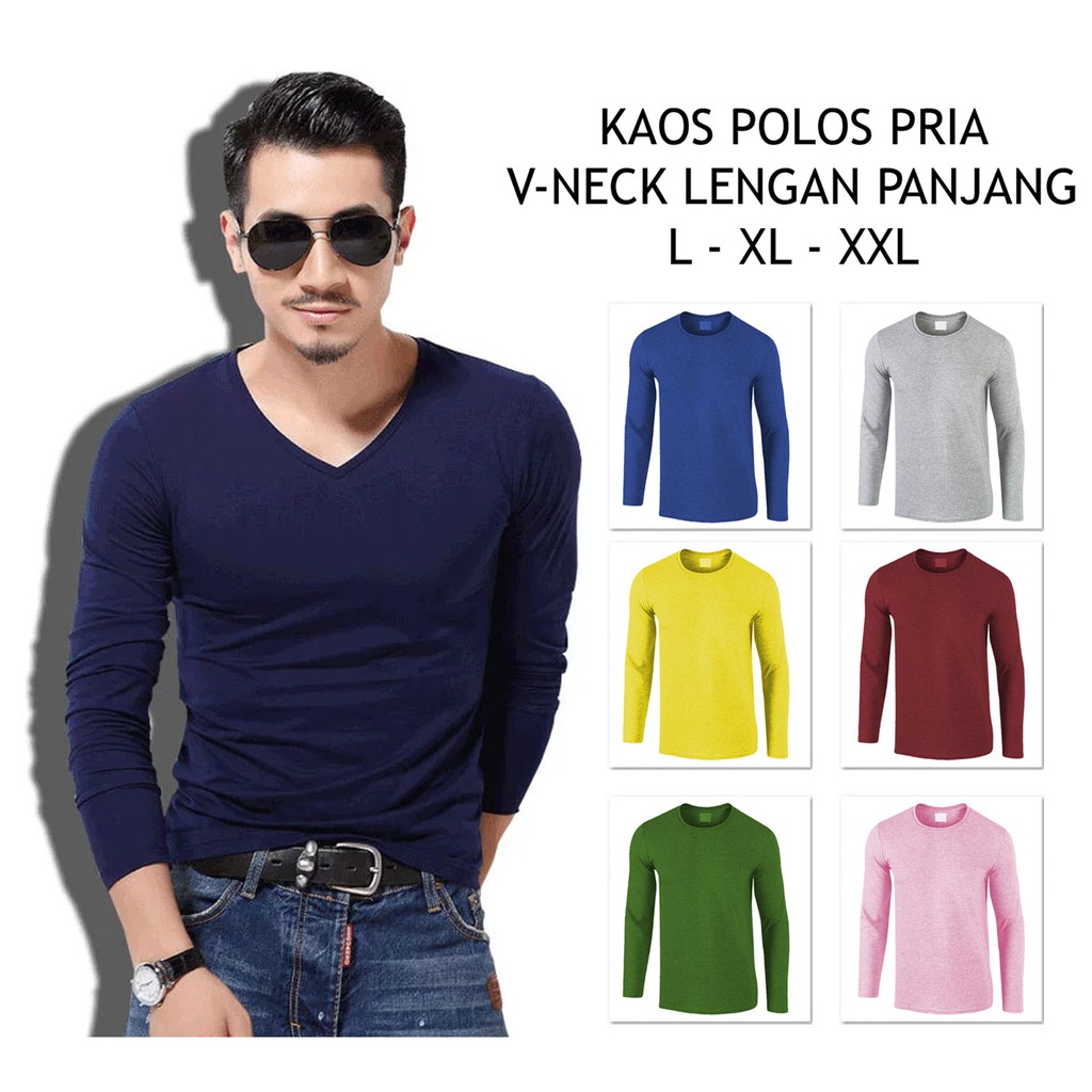 Kaos Lengan Panjang Polos Pria Murah Kaos Polos Lengan Panjang Pria V Neck Shopee Indonesia