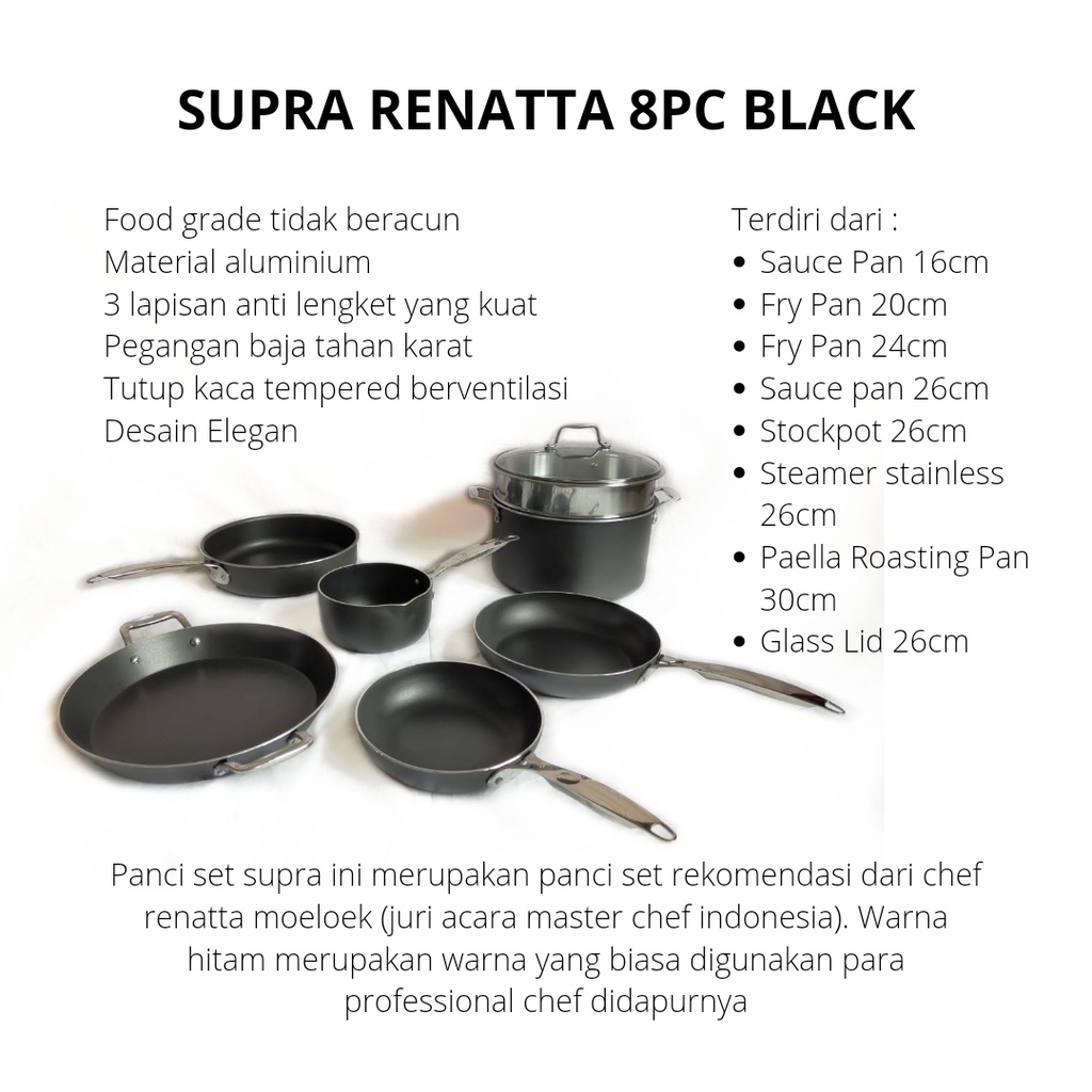 (GOSEND ONLY) PANCI SUPRA 8 PCS EDISI CHEF RENATTA SET WARNA HITAM PANCI SET SUPRA RENATTA 8PC BLACK