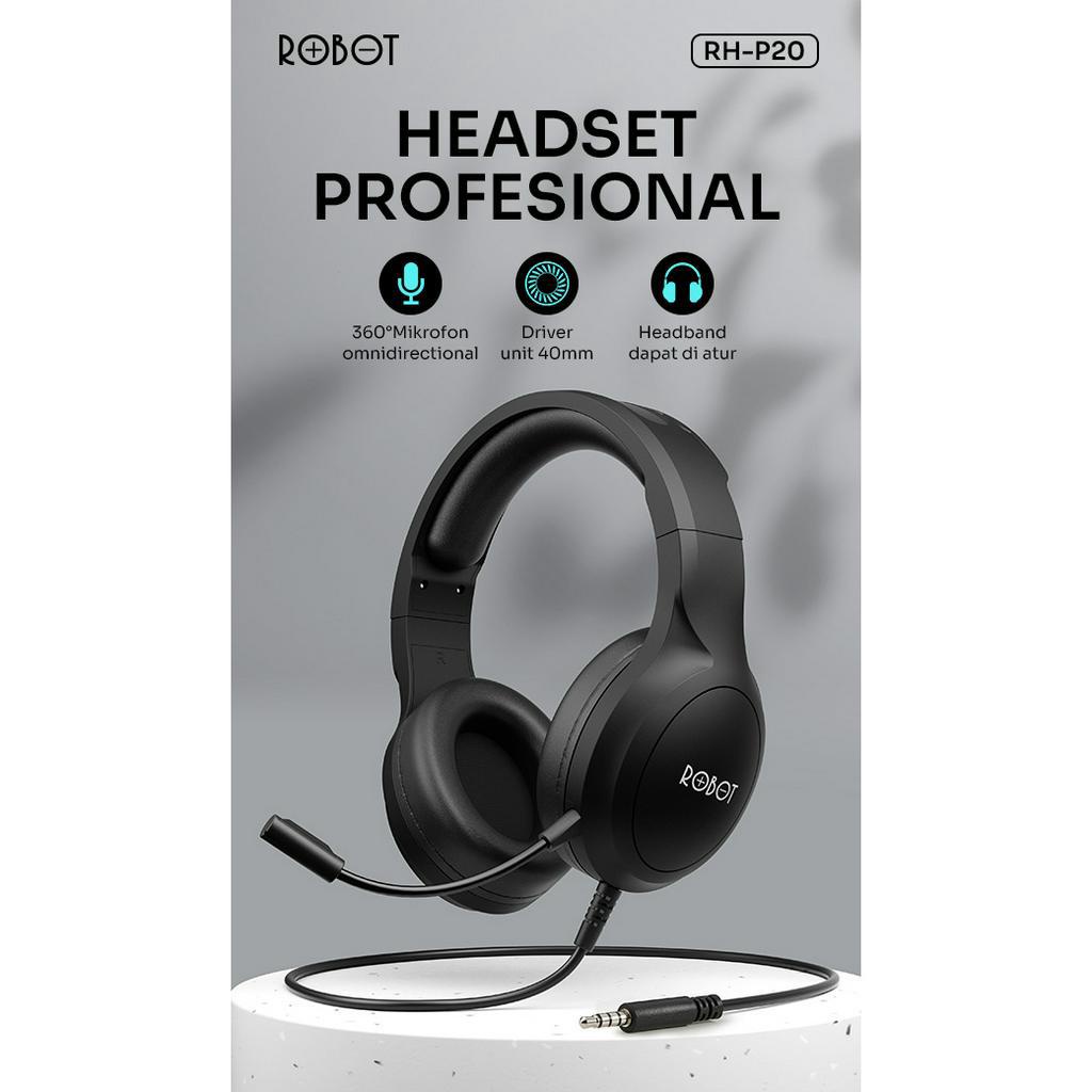 PROMO ROBOT RH-P10/RH-P20 Jack Audio Double Padded Headband Lightweight Wired Headset Black-Garansi Resmi 1 tahun