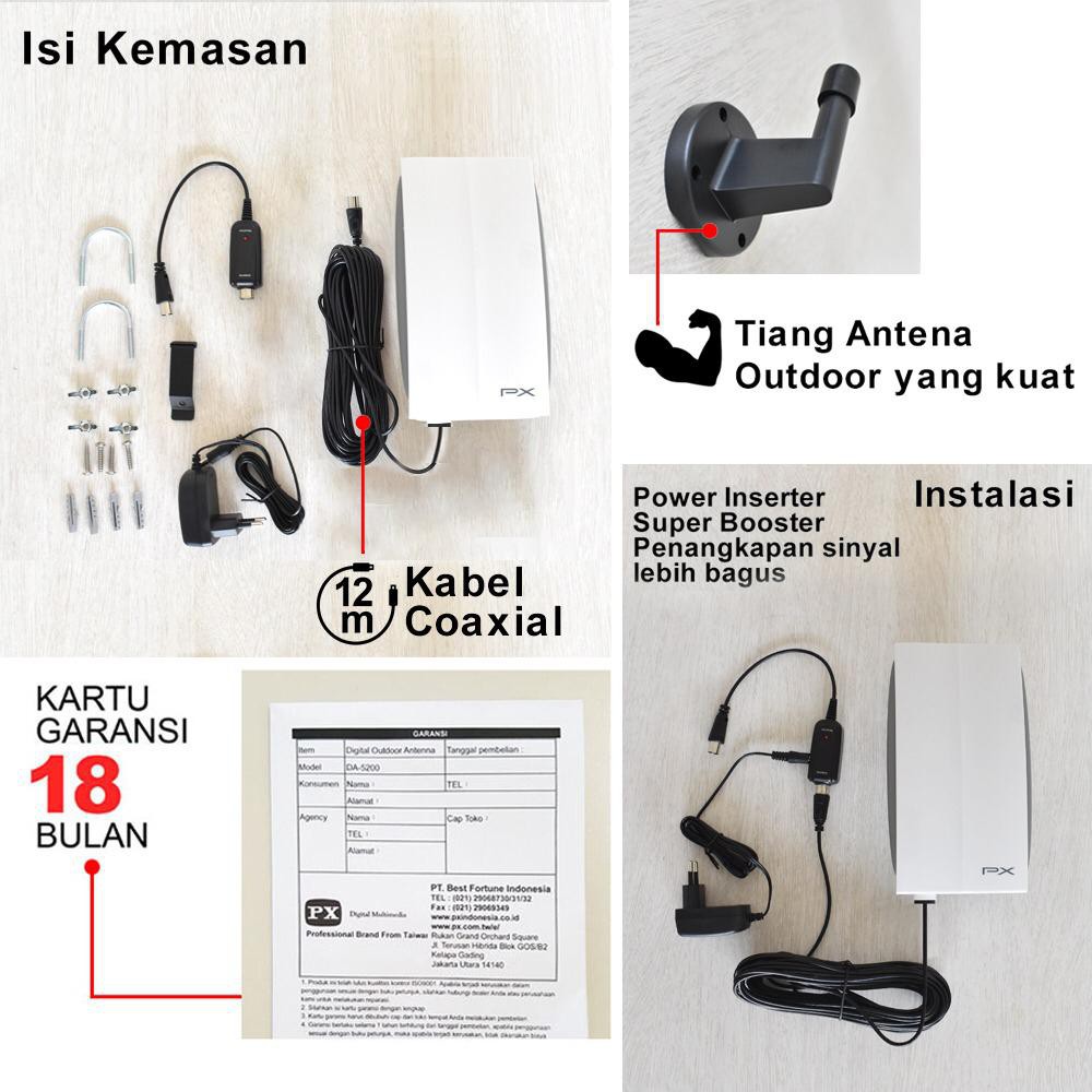 Antena TV Digital Analog PX DA-5200 Kabel 12M Booster Indoor-Outdoor