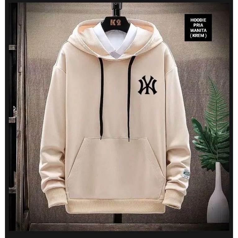 Sweater Hoodie Pria Premium Distro Ori NY New York Krem Motif Simple Bahan Fleece Tebal - Hoodie wan