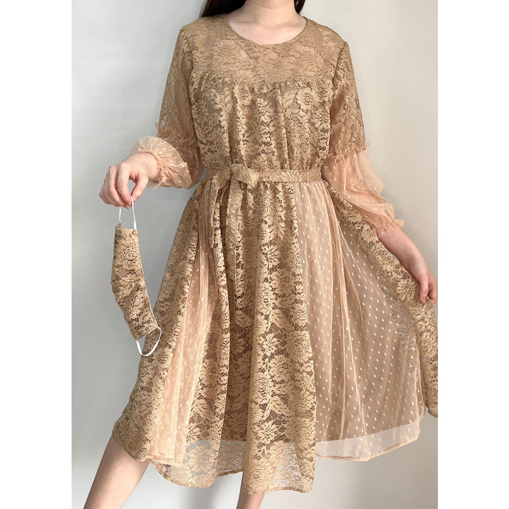 Ken-171B Dress Kondangan Dress Pesta Dress CNY Dress Imlek Wanita Mewah Tangan Tingkat A-Line Dress Korean Style Full Brukat Non Gliter Free Tali Pinggang