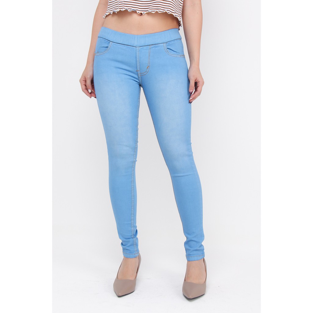 Legging Jeans Wanita Warna Biru Muda 8103 Jeans Stretch Pinggang Karet Murah Hemat Berkualitas