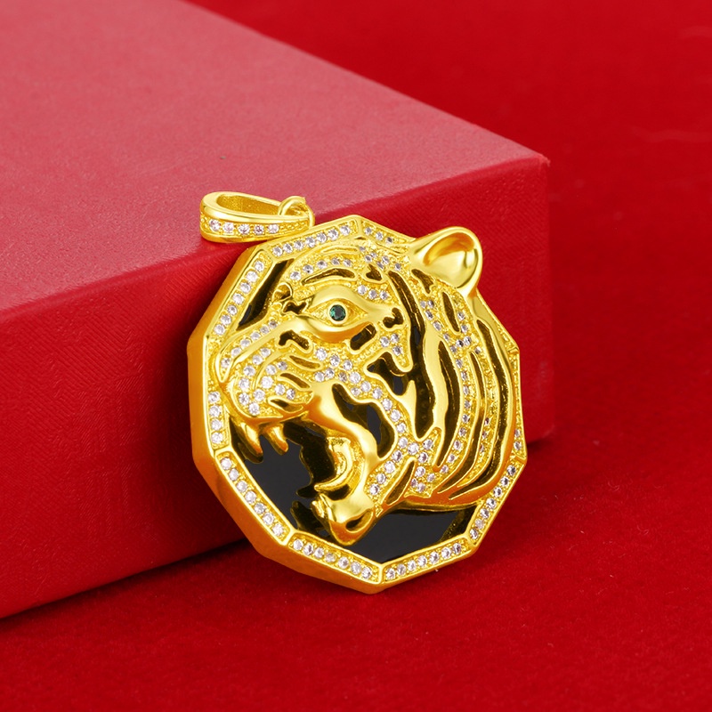 Kalung Lapis Emas Asli Kadar 375 Dengan Liontin Harimau 3D Hias Berlian Untuk Pasangan