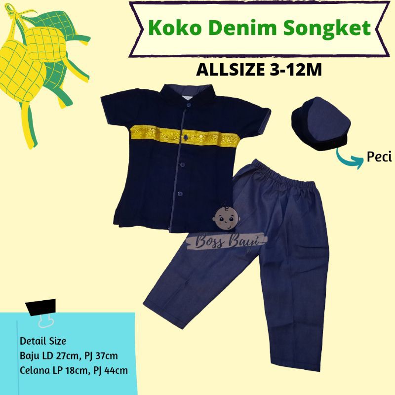 Setelan Koko Peci Anak 3-12bulan Denim Songket by Little Bebe