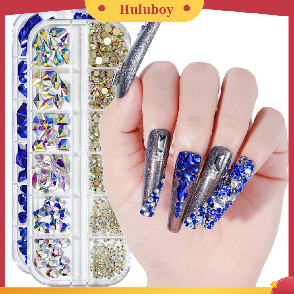 Huluboy Huluboy♡ 12 Grids / Box Berlian Imitasi Glitter Warna-Warni Untuk Dekorasi Nail Art