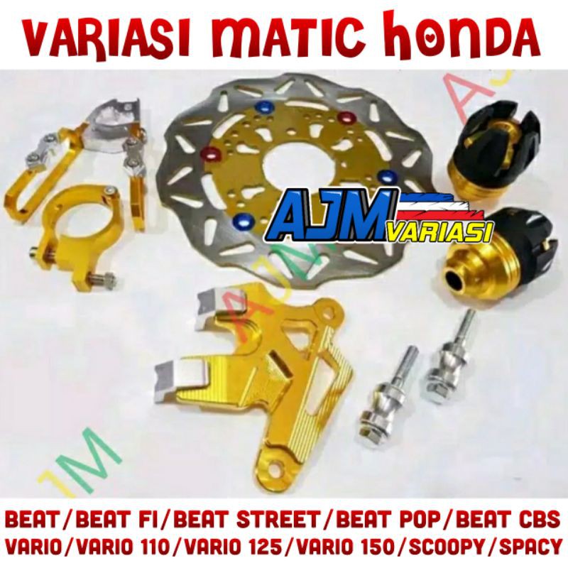 PAKET VARIASI PIRINGAN CAKRAM DISC DEPAN + COVER KALIPER + JALU AS RODA DEPAN + KLEMAN SELANG MODEL V CNC BEAT CARBU BEAT FI BEAT POP BEAT POP FI NEW VARIO 110 KARBU SPACY SCOOPY LAMA BEAT STREET DLL