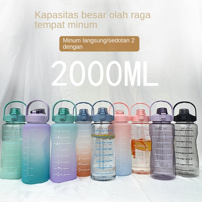 POTE  2000ml Botol Air Besar Botol Olahraga Botol Minum Motivasi Cangkir Air Gradien Dilengkapi Dengan Sedotan /Bernilai Tinggi Dan Portabel