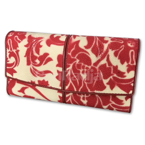 Dompet wanita kulit ikan pari asli motif daun merah natural | dompet kulit ikan pari