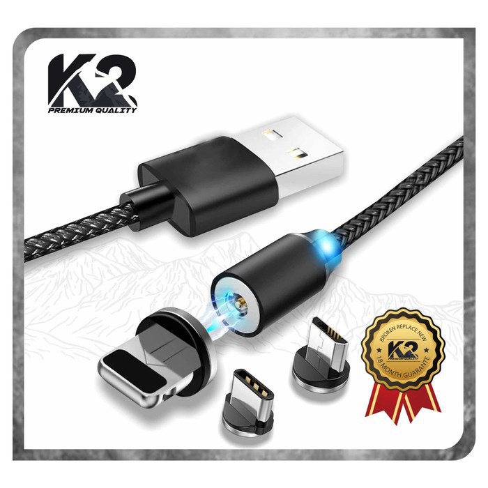 Kabel Data K2 PREMIUM QUALITY 1M Fast Magnetic / magnet 3in1 / 3 IN 1 LED