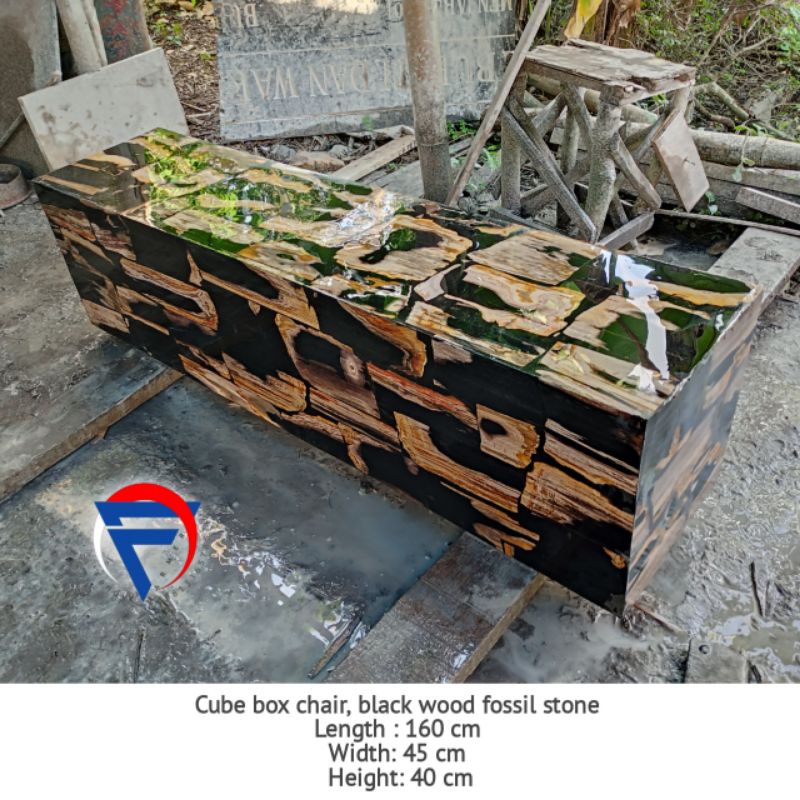 Kursi bangku kotak kubus tempelan batu fosil kayu hitam P.160 L.45 T.40 free ongkir jawa