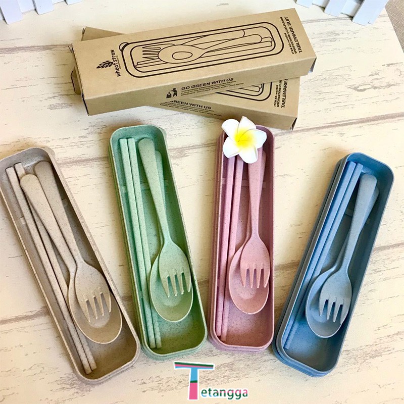 4 pcs Wheat straw Travel Cutlery Set Portabel Alat Makan Sendok Garpu Sumpit Chopsticks Dengan Kotak