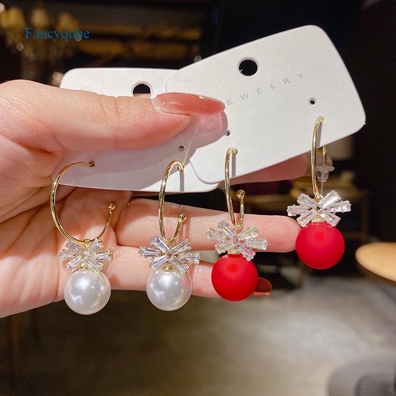 Fancyqube Anting Stud Kristal Mutiara Berlian Imitasi Model Pita Bunga Cherry Merah Untuk Wanita