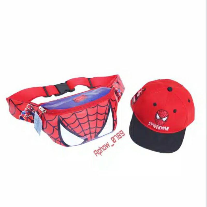 PROMO 2IN1 TERBARU WAISTBAG TAS SLEMPANG ANAK SPIDERMAN/TOPI BORDIR 2-9TAHUN