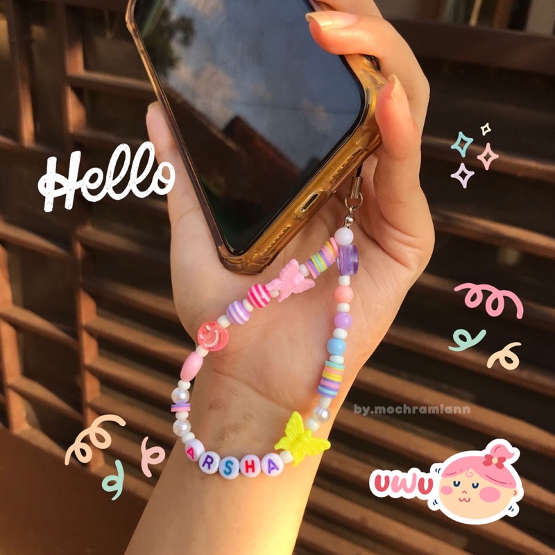 PHONE STRAP PASTEL GEMES PAKAI NAMA / GANTUNGAN HP CUTE / GANTUNGAN CASE HP LUCU