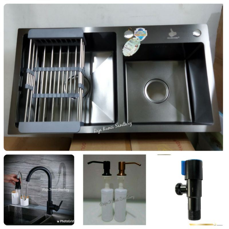 Paket Lengkap Kitchen Sink 7541 Hitam Black+Kran Mixer Tarik Hitam Black Panas Dingin SUS 304