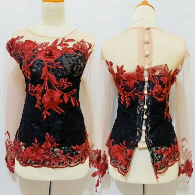 Kebaya wisuda sabrina hitam merah modern elegan TERMURAH