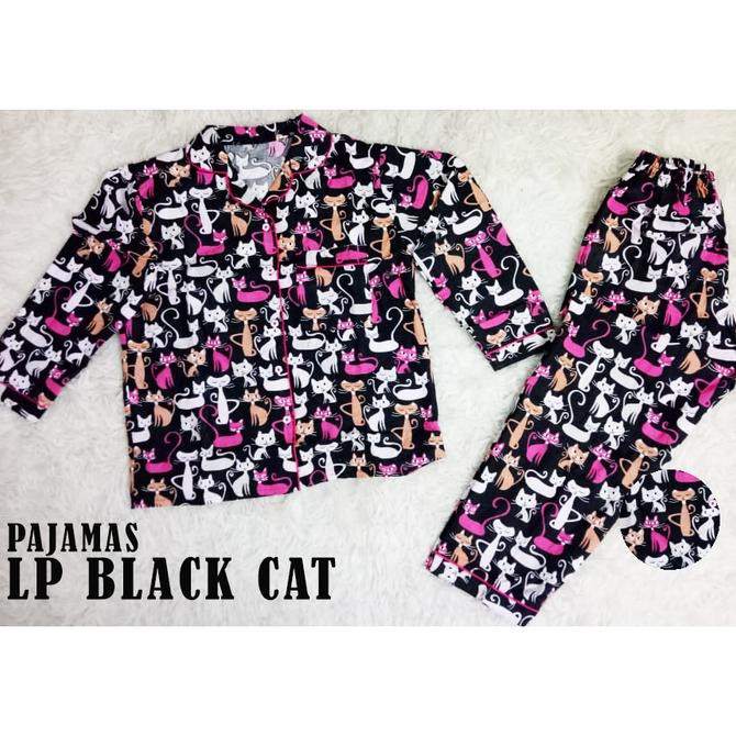 LP KUCING HITAM BAJU TIDUR WANITA DEWASA PIYAMA CEWE CEWEK MOTIF KATUN - Hitam