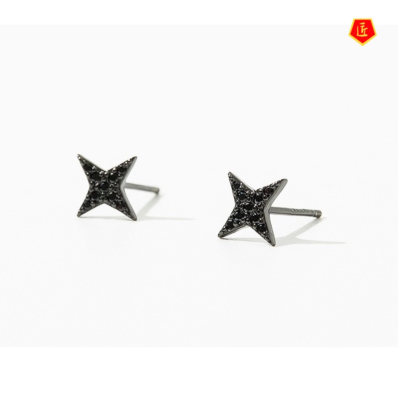 [Ready Stock]Dark Cool Girl Black Star Silver Stud Earrings