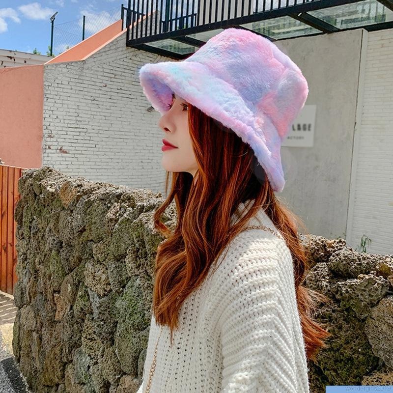 Topi Bucket Bahan Plush Wol Domba Tebal Hangat Warna-Warni Pelangi Gaya Korea Untuk Wanita