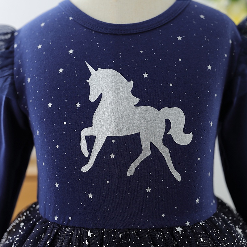 UNICORN BLINK DRESS NAVY BAJU DRES PESTA ANAK PEREMPUAN KOREA IMPORT LENGAN PANJANG