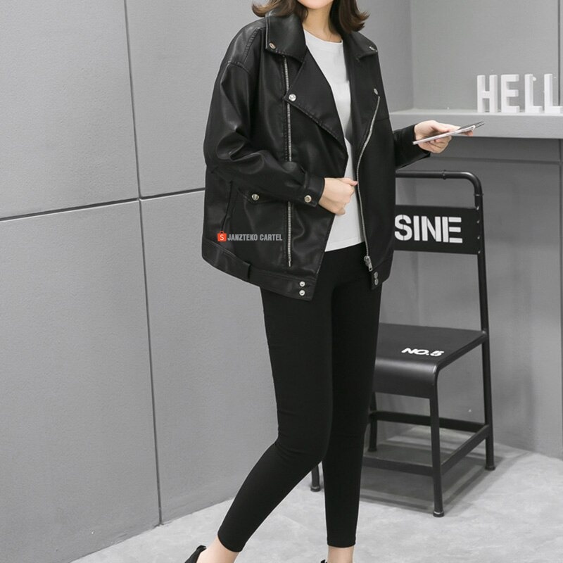 JNK x LODRI - Jaket Kulit Wanita PU Longgar Vintage Jaket Longgar Gaya Jalanan Mode Jaket Ukuran Besar Punk Style Moto High Street Pakaian Kasual Cewek Perempuan Modis Korea KPOP Viral Zipper Leather Jacket Oversize Original Premium Import Acara New 2022