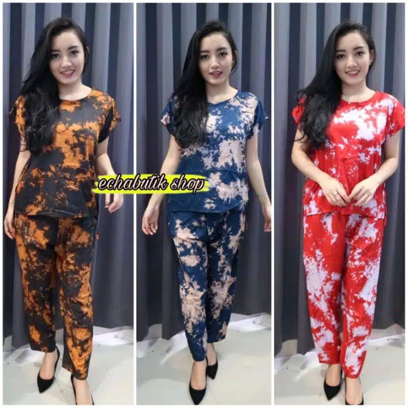 STELAN WANITA DEWASA LENGAN PENDEK CELANA PANJANG//SET TIE DIE