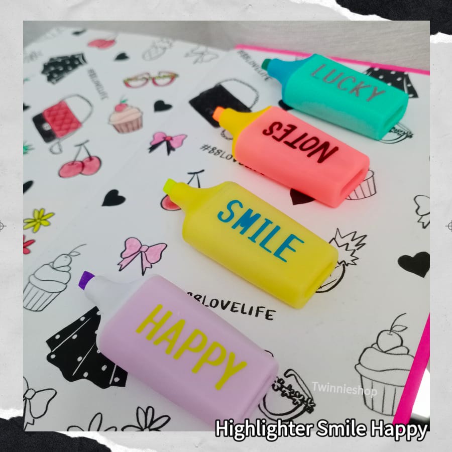 

HIGHLIGHTER SMILE 1 SET ISI 4 STABILO KARAKTER LUCU TULISAN WORD UNIK SOUVENIR KADO ALAT TULIS SEKOLAH