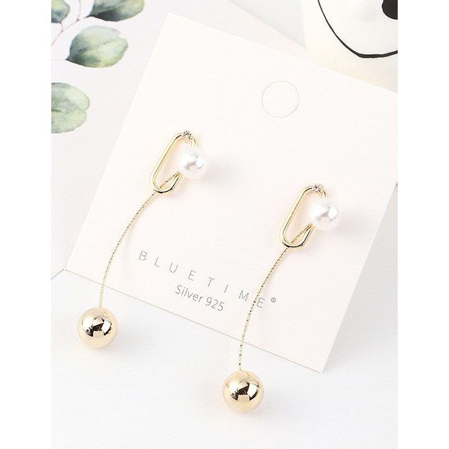 LRC Anting Tusuk Fashion Golden Tassel Pearl Geometric Cutout Earrings Y63203