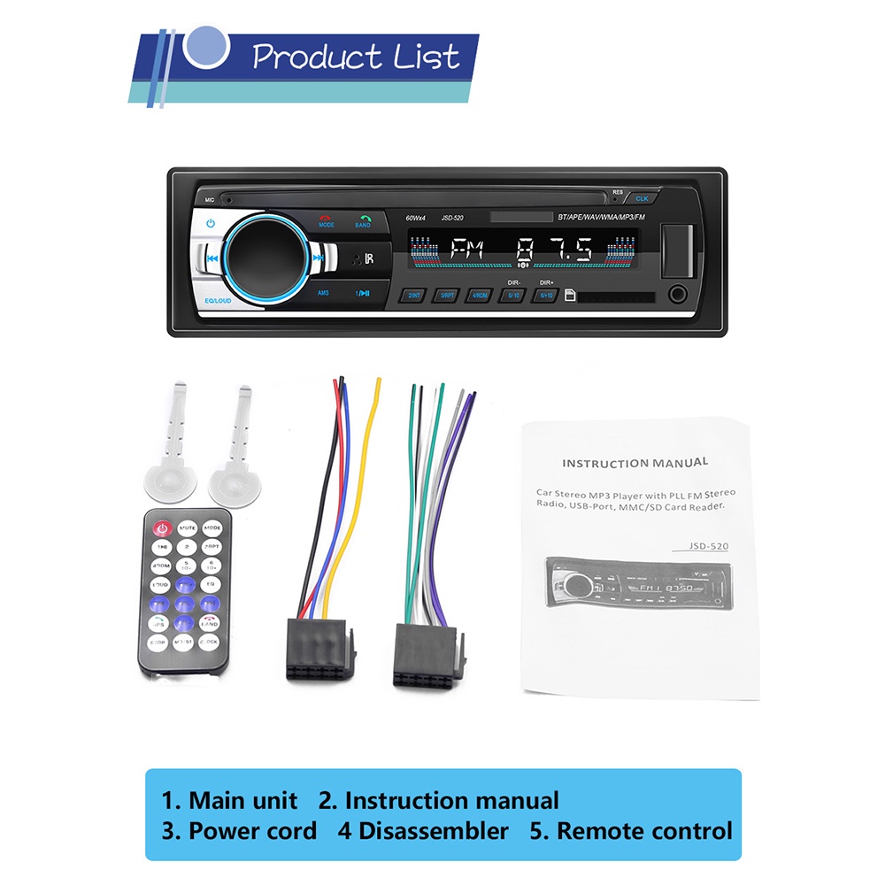 Tape Audio Radio Mobil Stereo Multifungsi Bluetooth  In-dash Radio USB MP3 FM Radio JSD-520