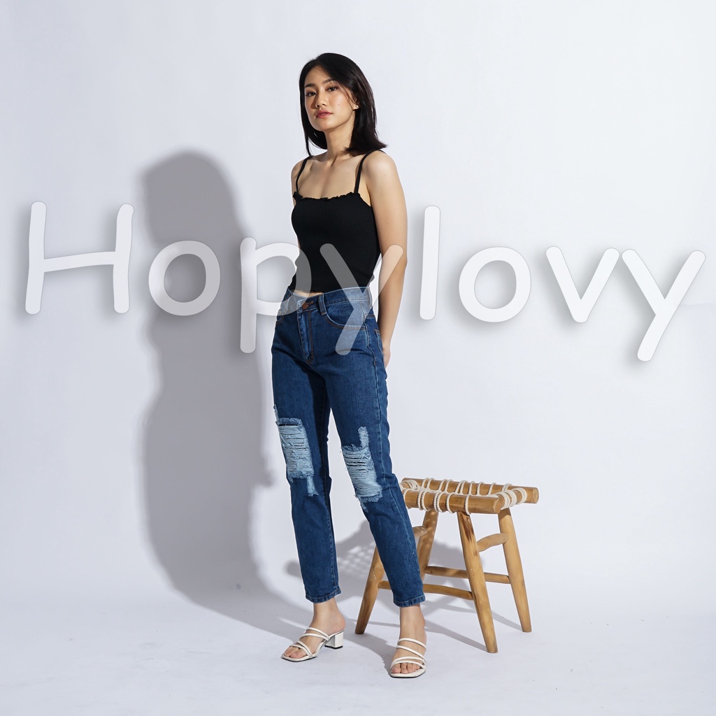 HOPYLOVY Celana Boyfriend Jeans Wanita Sobek Ripped Furing Gianna