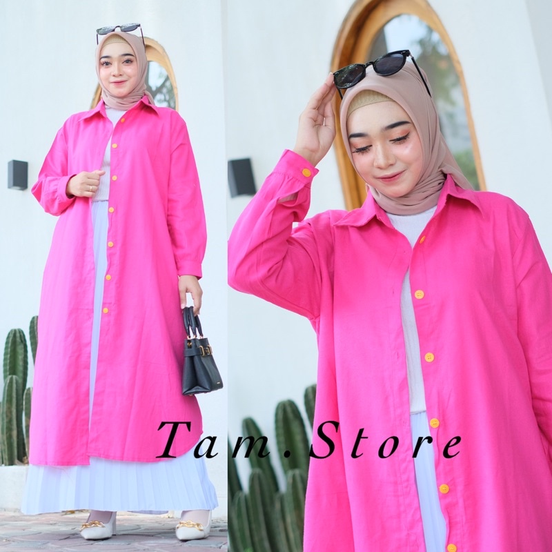 Amarelo Long Tunik Jumbo Atasan Wanita Muslim Bahan Linen Premium