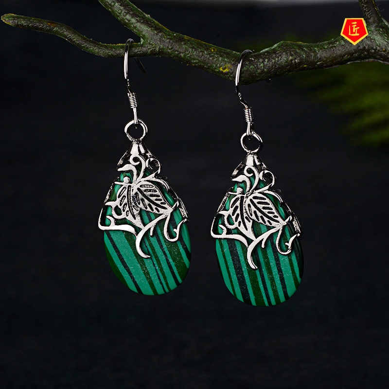 [Ready Stock]Creative Green Striped Shell Earrings Vintage Silver