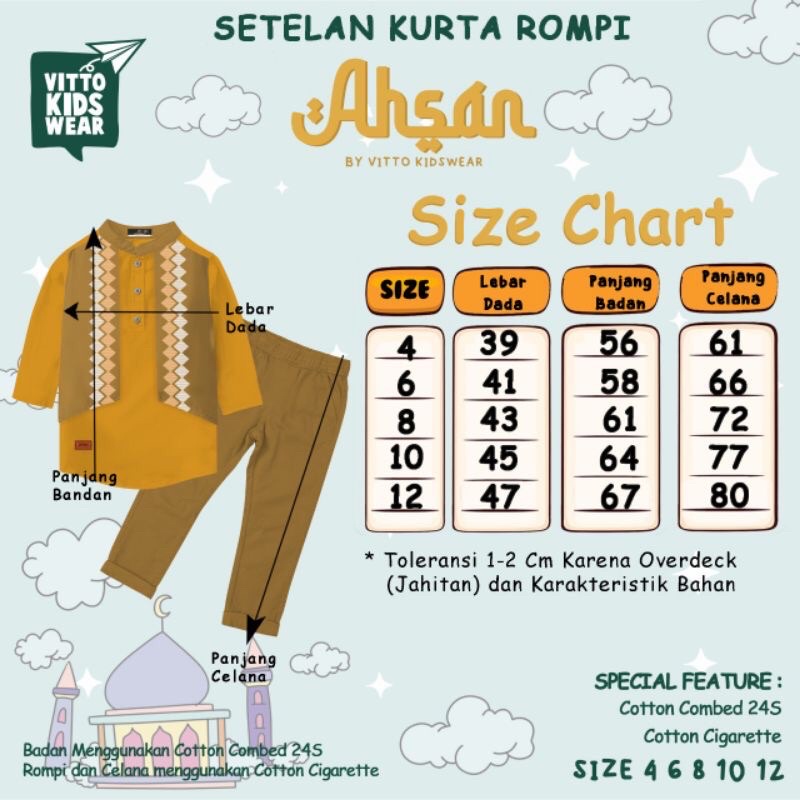 Setelan Koko Kurta Rompi Ahsan Vitto Kidswear 4-12 th kemko Set Baju Muslim Anak Laki-laki