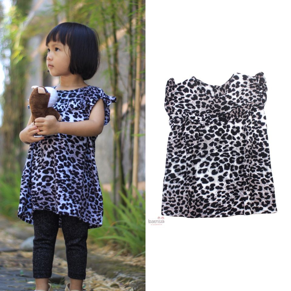 Baju Anak Perempuan Dress Rayon Motif Leopard Macan Daster Anak Balita 1-4 Tahun Santai Batrisja Mor