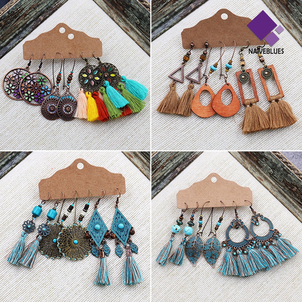 Naiveblue 3 Pasang / Set Anting Tusuk Gantung Wanita Desain Geometri + Rumbai Gaya Bohemian Untuk Hadiah