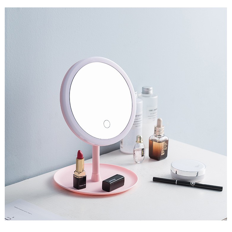 Cermin LED Foldable Kaca Rias Make Up Double Sided Mirror Cermin Make up Meja dengan Lampu LED Touchscreen Rotasi 90 Derajat